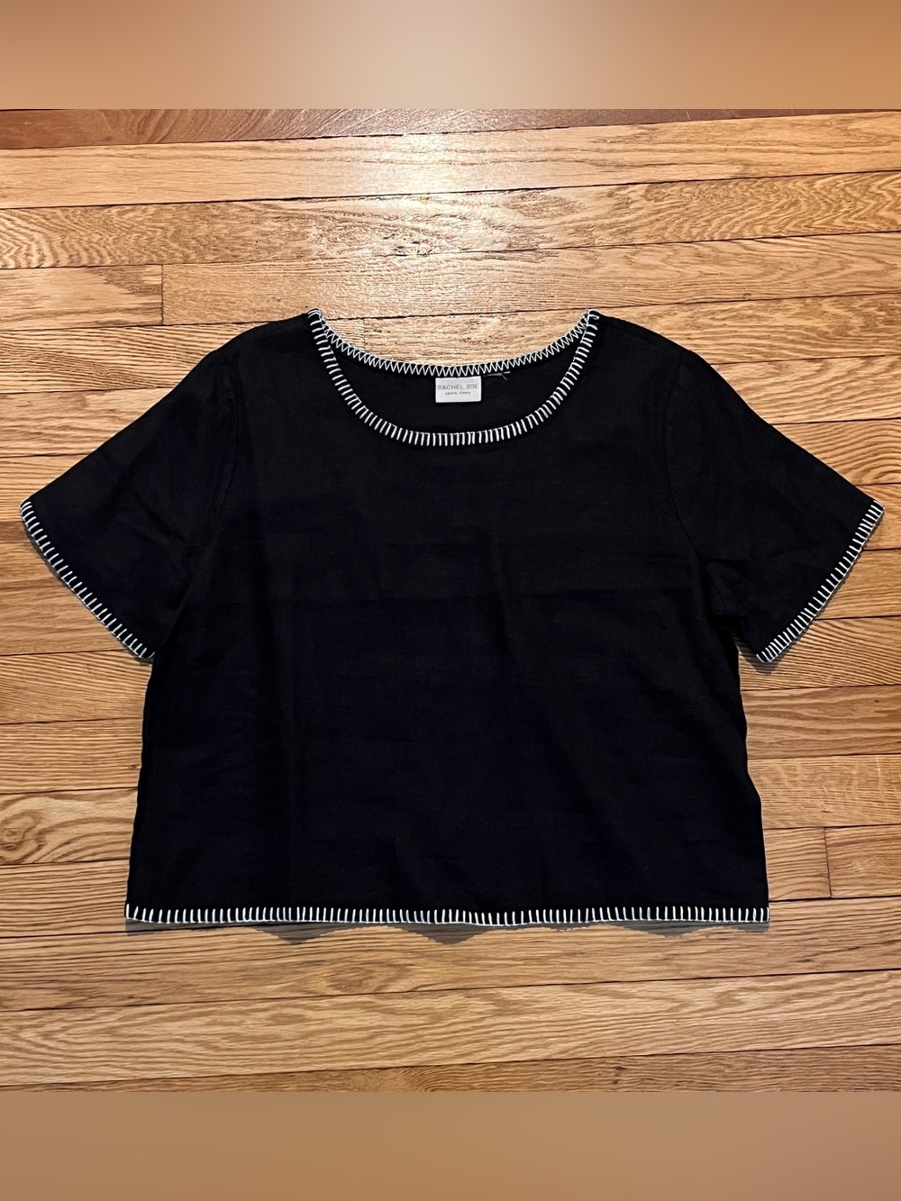 Rachel Zoe Black Linen Embroidered Trim Tee